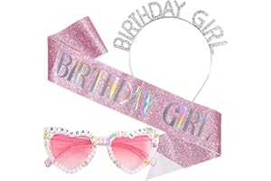 Stiedey Birthday Queen Accessories Kit, Birthday Glitter Pink Sash with Heart Pearl Sunglasses and Sparkling Crystal Headband, Happy Birthday Party Accessories for Girl Women Costume