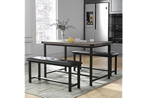 AffinityFurn Dining Table Set for 4, Dining Table with 2 Upholstered Benches Set, 3 Piece Space-Saving Kitchen Table Set, Metal Frame Dining Room Furniture for Restaurant Bistro Small Space