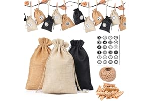 KATELUO 24 Stücke Adventskalender Stoffbeutel mit 24 Adventszahlen Aufkleber, Weihnachtskalender, DIY Festival Geschenksäckchen,Jutesäckchen Bastelset