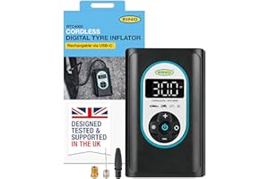 RING TYREINFLATE GO 4 Cordless Digital Tyre Inflator: Rechargeable & Powerful - Measures in PSI, BAR & kPA