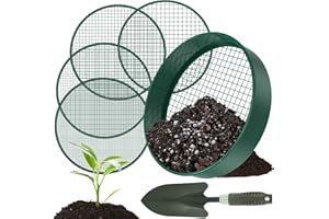 OROMYO - Tamiz de jardín redondo 4 en 1, 30 cm, acero inoxidable, con 4 tamices intercambiables y pala de jardín, tamiz para tierra, compost, semillas, arena