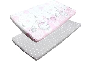 ‎TUPTAM TupTam Baby Spannbettlaken Kinder Spannbetttuch für Babybett Kinderbett 2er Pack, Farbe: Mond mit Elefant/Rosa/Sterne/Grau, Größe: 70 x 140 cm