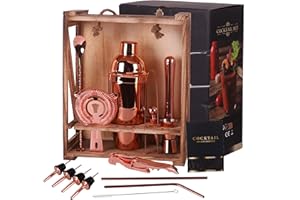 RERXN 18-teiliges Cocktail Shaker Set Bar Werkzeug Set mit rustikalem Holzständer, perfektes Bartending-Set für zu Hause für EIN fantastisches Mixerlebnis (Rose Gold)