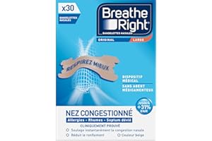 Breathe Right Original - Bandelette nasale - Taille Large - Sommeil : aide à réduire les ronflements - Rhume, allergies, sport : vous aide à mieux respirer - Bandelettes couleur peau, 30 pièces