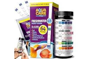 Aqua Care Pro Freshwater Aquarium Test Strips - 64 ct - 6-in-1 Fish Tank Water Testing Kit for pH Nitrite Nitrate Chlorine & Hardness - Kits for Pond & Aquariums