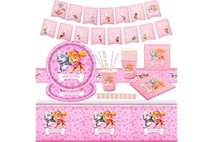 WIRHAUT 52 Stück Partygeschirr Kindergeburtstag mit Paw Rosa Mädchen Pappteller Kindergeburtstag Dog Geburtstagsdeko Party Supplies für 10 Kinder Personen Party Partygeschirr Geburtstag