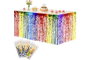 KODEPRO 3 Pcs Rainbow Wavy Tinsel Foil Fringe Table Skirts, Table Cloth Photo Booth Props Table Cover for Birthday Holiday Wedding New Year Pride Party Unicorn Cartoon Party
