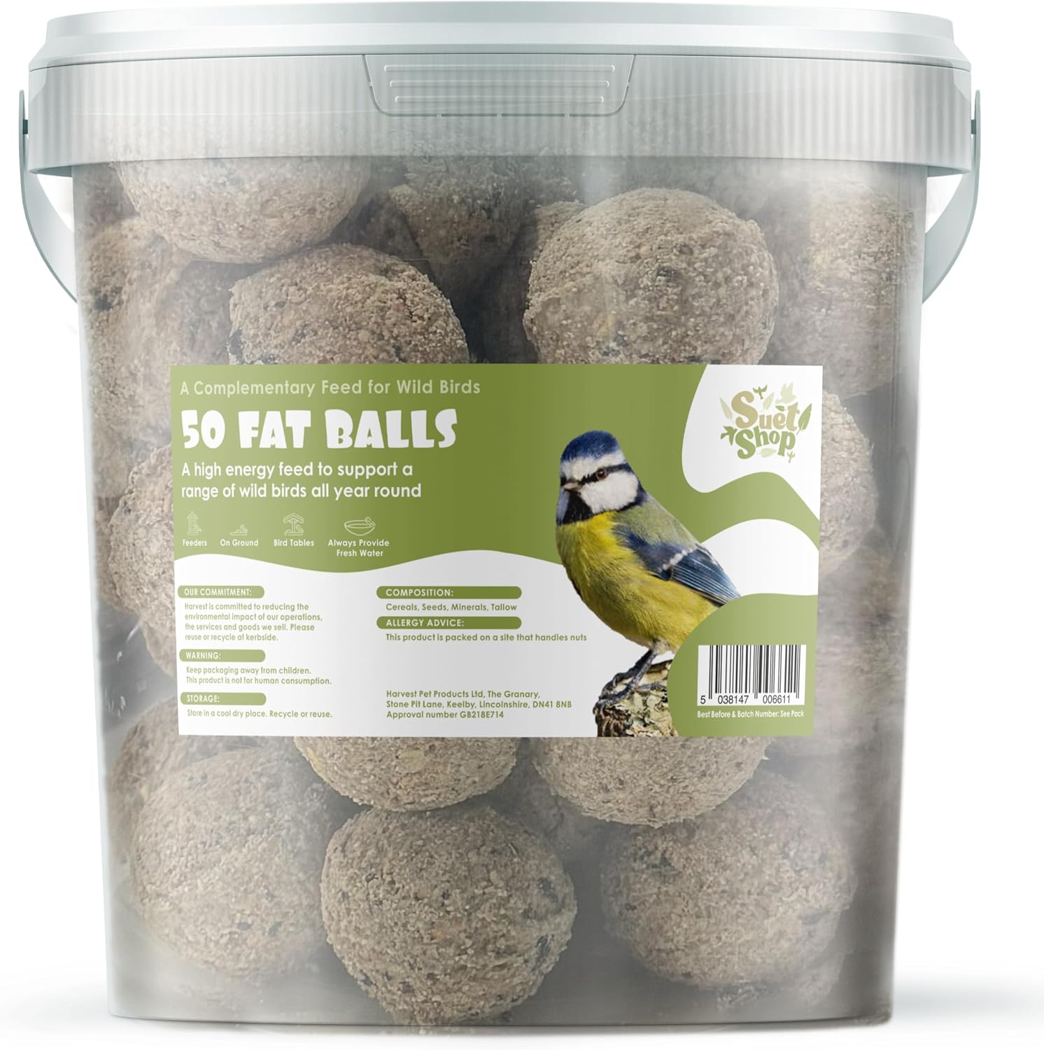 Suet Shop - 50 Suet Fat Balls, 4kg Tub - Enriched with Human Grade Beef Tallow - High Energy Bird Food with Essential Oils & Protein - All-Season Fat Balls for Wild Birds - Manufactured In The UK