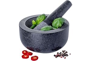 Homiu Pestle And Mortar Set - Granite Stone Large Bowl & Grinder - Premium Solid Natural Stone - Spice Herb Seed Garlic Crusher - Large 16cm(6.3") Diameter
