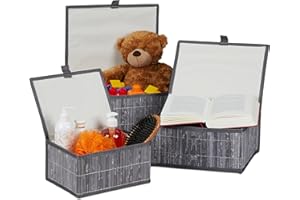 Relaxdays Set de Tres cestas de almacenaje, con Tapa, Funda Textil, Bambú, Decorativo, Gris