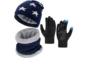 OOPOR Niño Gorra Bufanda Guante Set - Tejer Lana Polar Calentador Cuello Capa Pantalla Táctil Mitones Suave Invierno Disfraz Correr Moto Bici Fútbol Deporte Frío Esqui Nieve Frozen Snowboard Navidad Año5-10