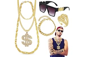 DONGZQAN Costume de , accessoires de rappeur 80/90, grande chaîne dorée/bague dollar/bracelet doré/chaîne dollar/lunettes noires