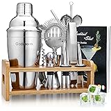 Cocktail Set, Godmorn Stainless Steel Cocktail Shaker Set, 15 Piece Bartender Set with Better Bamboo Stand, Recipe Book, Meas