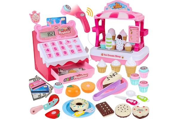 Charmofun Caisse Enregistreuse Jouet avec Glacier - Inclut 48 Accessoires (15 Crème Glacée, 5 Gâteaux, 7 Couverts, Argents, etc.), Jeu de Rôle Enfants 3+ Ans, Montessori Jouet pour Garçon Fille