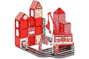 MAUIKAY Magnetic Tiles Road Set with Fire Truck, Creative Magnetic Building Construction Toy for kids Ages 3-12 Boys Girls, STEM Magnet Building Blocks Fire Rescue Station, Including Car