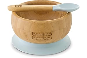 bamboo bamboo Bowl and Spoon Set with Silicone Suction Ring, Toddler Bowls with Baby Spoon for Feeding and Weaning - Bowl for Babies from 6 Months (Grey)