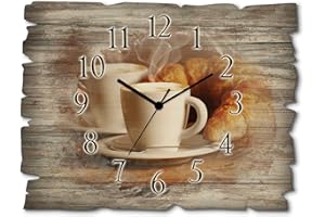 ‎ARTLAND ARTLAND Wanddeko Wanduhr ohne Tickgeräusche aus Holz Funkuhr 40x30 cm Rechteckig Lautlos Kaffee Cappuccino Croissant Coffee Cafe Originell T5XO