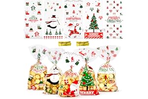 TALIFOCA 100pcs Sacs de Biscuits Bonbons de Noël, Sachet de Noël pour Les Aliments, Sachets de Transparent en Cadeau Noel avec 100pcs Cravates Torsadées (5 modèles)