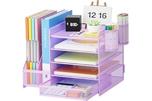 Marbrasse Schreibtisch Organizer mit Aktenhalter, 5 Ebenen Papier Briefablage mit Schublade und 2 Stiftehalter,Schreibtisch Netz Ablagefächer Organizer mit für Büro Bedarf (Lila)