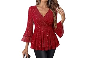 Vafoly Damenblusen 3/4 Arm Elegant V-Ausschnitt Tunika mit Rüschenärmel Glitzer Festliche Oberteile für Alltags- und Party
