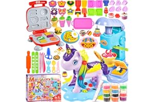 ZQEJEFD Moldes Plastilina, 59 Piezas Juego de Plastilina, Herramientas Plastilina para Niños con 12 Botes de Plastilina, Accesorios Plastilina para Crear Hamburguesa y Helados, Peluquería Unicornio