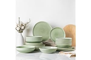 GBhome Stoneware Dinner Sets for 6 People, 24 Pieces Handcrafted Plates and Bowls Set, Scratch Resistant Dinnerware Set, Dishwasher & Microwave Safe Crockery Set, Quite Green