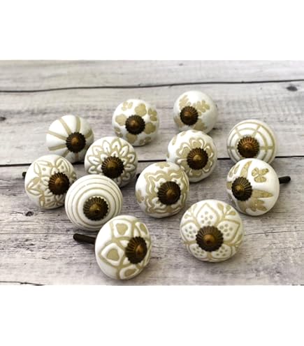 Lot De 9 Boutons De Tiroir En Céramique Vintage – Noir Et Blanc, Aspect Ancien Sympa