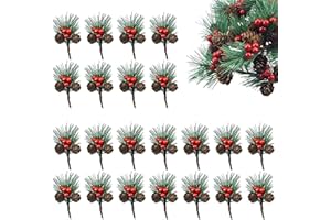 BUKYCAT 20 Piezas Rama de Pino Artificial Navidad, Palillos de Pino Artificiales de Navidad, Ramas Artificiales de Pino de Bayas Rojas, para Arreglos Florales Navideños, DIY Manualidades, Coronas