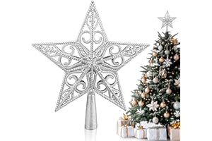 Coco Berming Weihnachtsbaumspitze Stern, Christbaumspitze Hohl Fünfzack Stern, Baumspitze Tannenbaumspitze Aufstecker für Weihnachten Dekoration, Weihnachtsbaum (Silber)