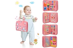 BEBEFANT Busy Board for Toddlers & Kids - Sensory Early Development Toy Montessori Toys for Boys Girls 2 3 4 5 6 year olds - Alphabet Numbers Shapes Colours My Body Calendar Time & Date - Light Pink Unicorns