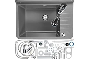 GOSPO Ausgussbecken aus Polypropylen, 50,5 x 34 x 26,5 cm, Spülbecken mit Armatur, Siphon, Seifenspender, Waschbecken, Haushaltsspülbecken (Grau)