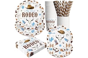 BOIKOKY 120 Pezzi Decorazioni per Feste di Compleanno a Tema My First Rodeo, Articoli per Feste a Tema Western Cowboy, Stoviglie Monouso | Per 24