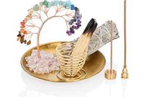 ZenBless 7 Chakra Crystal Tree Incense Holder Palo Santo Holder Sage Burner 5.5 inches Brass Ash Catcher for Incense Sticks/Coil Incense/Incense Cones Yoga Meditation Zen Spiritual Room Home Decor