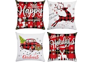Xyxu Christmas Cushion Covers Set Of 4, Christmas Decorations Indoor Happy Holidays Christmas Pillow Cases Covers, Red Tartan Soft Plush Winter Xmas Design Cushion Covers 45 x 45 cm for Sofa Decor