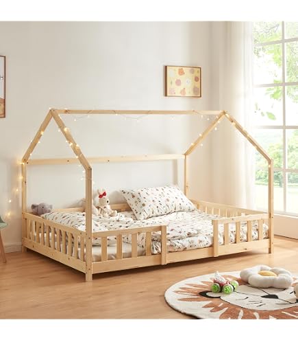 Lit Cabane Montessori Au Sol 140x200cm Avec Rangement - En Pin Massif, Barrières, Tableau Noir - Blanc Ou Gris - Sans Matelas