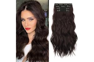 Sofeiyan Extensiones de Clip de Pelo 4PCS Cabello Extensiones Largo Ondulado con Clips Extensiones de Cabello Sintético Trama Encaje Suave Postizo para Mujer 50cm Marrón Oscuro