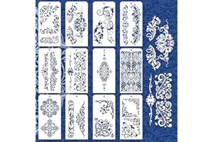 GOMAKERER 12 Pcs Decorative Painting Templates, 12 Styles Vintage Floral Border Painting Stencils Reusable Border Stencil Leaf Stencils for Painting on Tile Wall Floor Scrapbooking Drawing Tracing