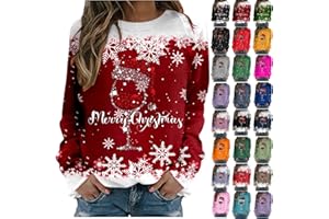 KILOXYEFRO Weihnachtspullover Damen Lustig Rotwein Glas Druck Sweatshirt Oversized Rundhals Langarm Ugly Weihnachten Pullover Christmas Oberteile Frauen Xmas Pulli Tops