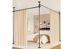Yeabett Room Divider No Drill Free Standing Curtain Pole, Adjustable 122-305cm(H), 70-290cm(w), Sturdy Stainless Steel for Any Room Separation, Black