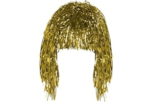 ROBELLI Adult Fancy Dress Shiny Metallic Foil Tinsel Wig Costume Accessory (Gold, Silver & Red) (1, Gold)