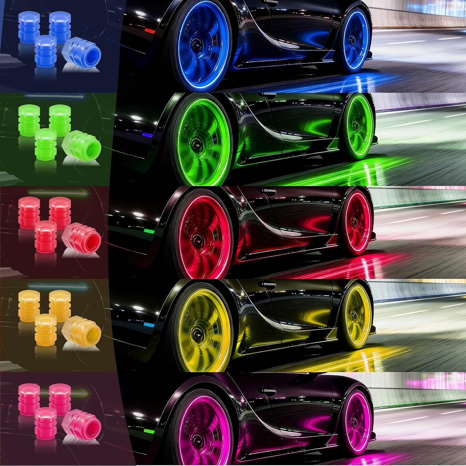 20Pcs Glow in The Dark Tire Valve Caps, Fluorescent Tire Valve Caps for Cool Car Decorations, Universal Luminous Car Tire Valve Caps Fits Car Truck SUV Motorcycle Bicycle (Five-Colors-20pcs)