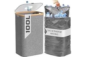 BAM BOO BOX Poubelle de Cuisine 100L - Poubelle de Recyclage avec 2 Sacs de Transport XXL - Poubelle Tri avec Sac de Transport Supplémentaire - Poubelle 100l Cuisine avec Trou - Poubelle Plastique (Gris)