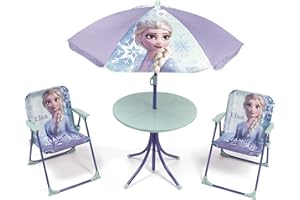 DISNEY Frozen Elsa Set 4 Pezzi da Campeggio,Giardino,Terrazza, Ombrellone Tavolo e Sedie