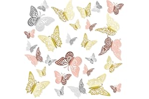 ENITHELITE Farfalle Decorative,Adesivi Murali,Adesivi,Farfalle,Decorazioni Camera Da Letto,Farfalle Decorative Torta,Decorazioni Parete,Adesivi Murali Soggiorno,Adesivi Murali 3d,24 Pezzi,Oro,Argento,Oro Rosa