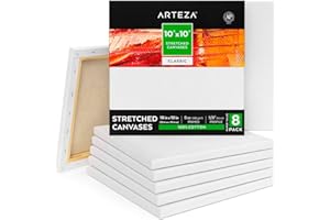 Arteza, Confezione da 8 tele per pittura tesate, quadrate, da 25 x 25 cm, vuote, in 100% cotone primerizzato, per colori a olio e acrilici, colata e strumenti a umido, per artisti e principianti