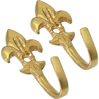 2x Small 45mm Brass Fleur De Lys Curtain Tie Back Hooks Screws
