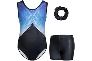 Gogokids Ärmelloses Gymnastiktrikot-Set für Mädchen, dreiteilig mit Shorts und Haargummi, Kinder Gymnastik Outfits mit Aushöhlen & überkreuztem Design, Glitzer Ballett-Einteiler für Alter 3-12