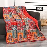 Qucover Bedspread Bed 90, Bedspread 150 x 200 cm Patchwork Ethnic Cotton and Soft Microfibre, Multi-Colour, Reversible Sofa B