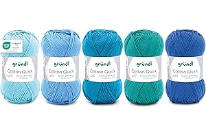 Gründl Wolle Cotton Quick uni - dünne Wolle zum Häkeln - Strickgarn - Häkelgarn - Glänzend und hautfreundlich - 100% Baumwolle - 5 Knäuel 50 g / 125 m - Nadelstärke 3-4 - Hellblau-Blau-Mix