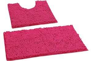 LuxUrux Luxury Chenille (2-Piece) Bath Mat Set, Soft Plush Anti-Slip Rug + Toilet Mat.1'' Microfiber Shaggy Carpet, Super Absorbent (Hot Pink, 80 x 50 cm + U Shaped 50 x 50 cm)